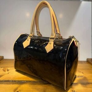 Arcadia Italy Black Patent Leather Satchel Boston Bag Cream Trim Handbag